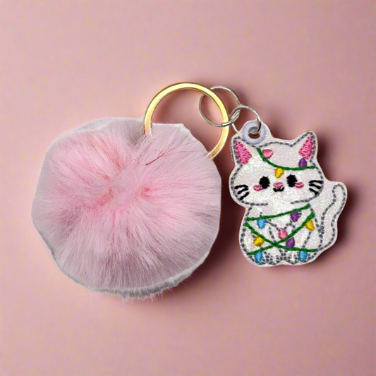 Christmas Light Kitten Pom Pom Keychain