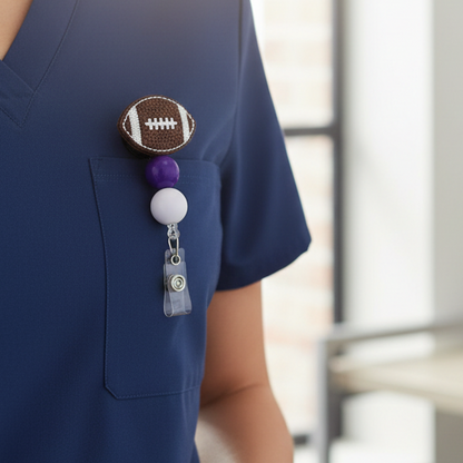 Purple and White Football Badge Reel