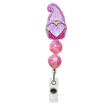 Pink Gnome with Heart Beaded Badge Reel