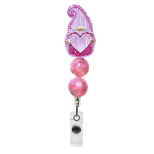 Pink Gnome with Heart Beaded Badge Reel