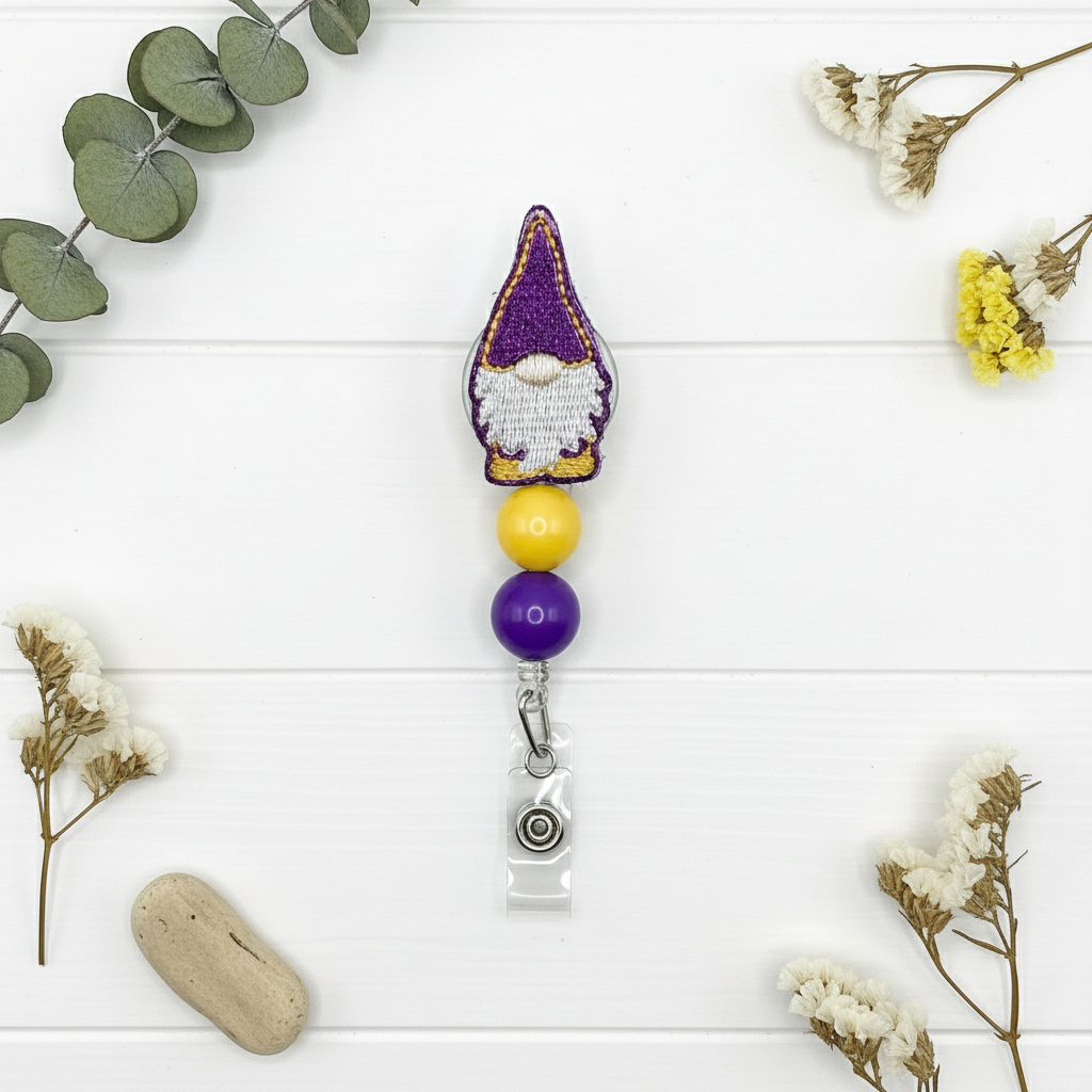 Purple and Gold Gnome Beaded Badge Reel
