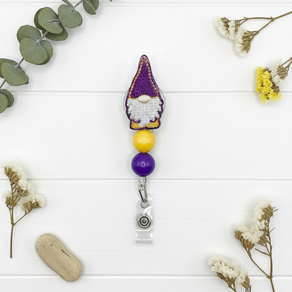 Purple and Gold Gnome Beaded Badge Reel