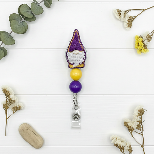 Purple and Gold Gnome Beaded Badge Reel