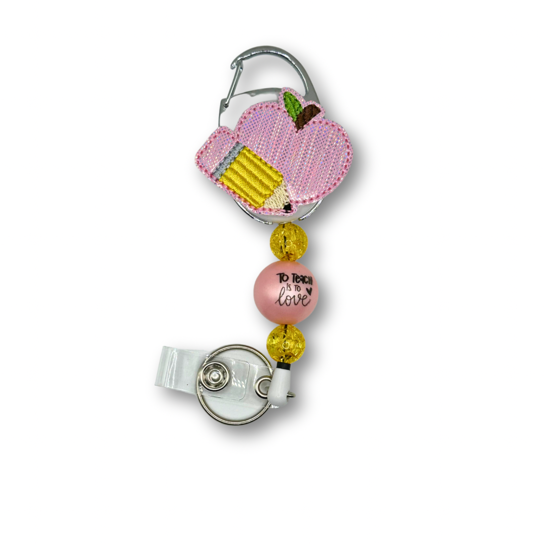 Pink Apple and Pencil Badge Reel