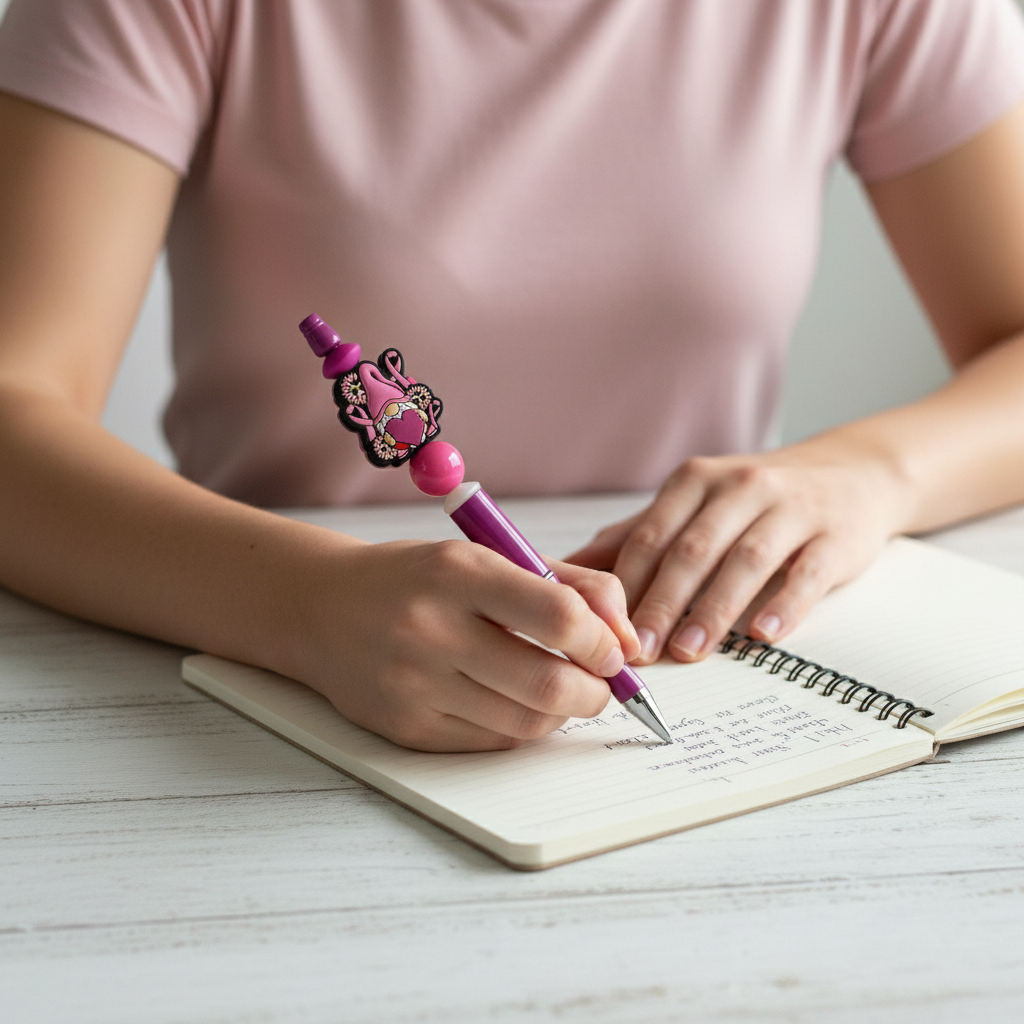 Pink Ribbon Gnome Beaded Pen
