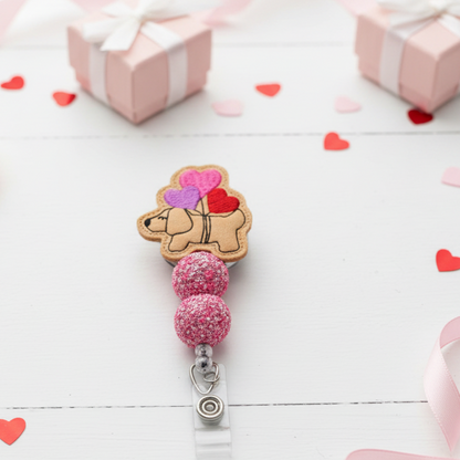 Dog with Heart Balloons Beaded Badge Reel