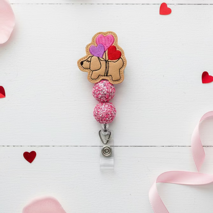 Dog with Heart Balloons Beaded Badge Reel