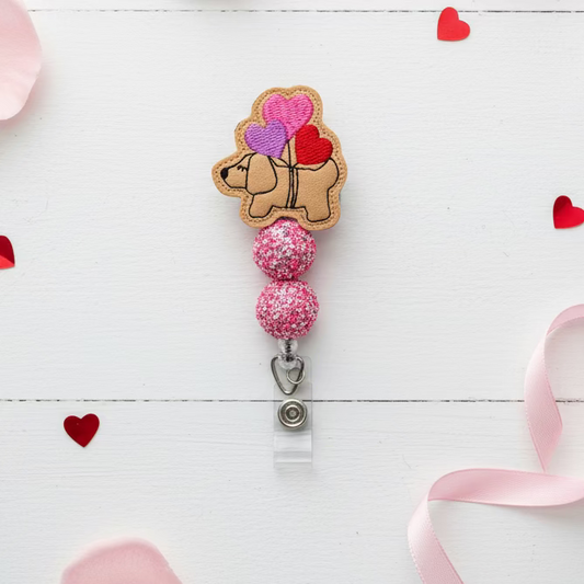 Dog with Heart Balloons Beaded Badge Reel