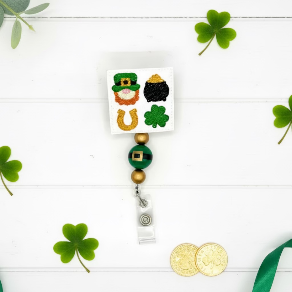 Decorative badge holder with St. Patrick's Day symbols on a white background