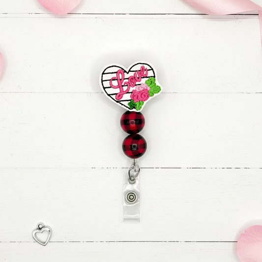 Love + Flower Heart Beaded Badge Reel