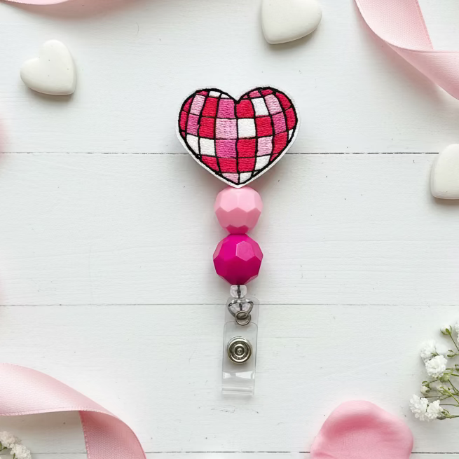 Disco Heart Beaded Badge Reel