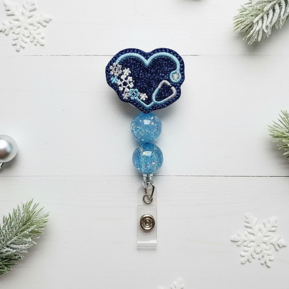 Snow Heart Stethoscope Beaded Badge Reel