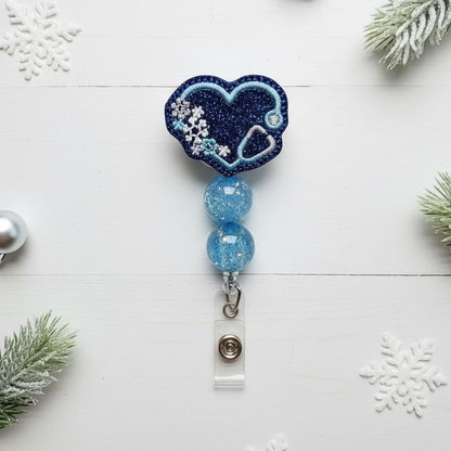 Snow Heart Stethoscope Beaded Badge Reel