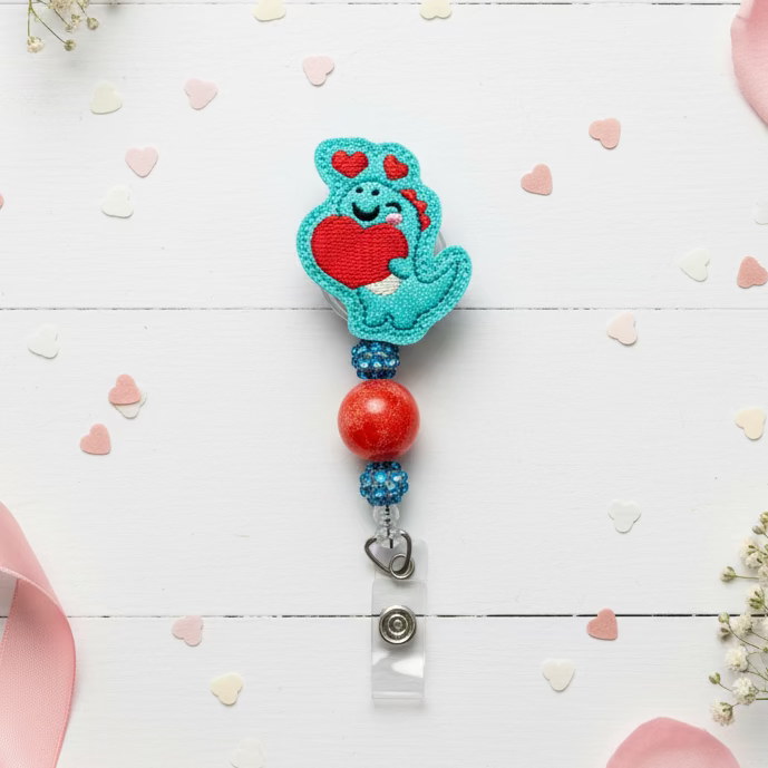 Dino with Heart Beaded Badge Reel