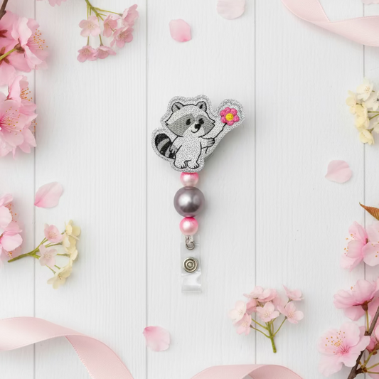 Raccoon with Flower Badge Reel