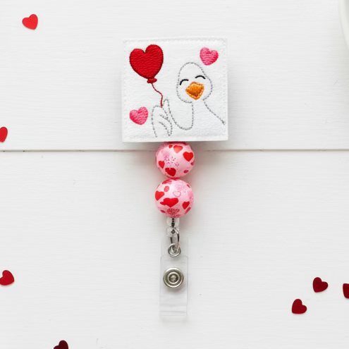 Goose with Heart Balloons Beaded Badge Reel