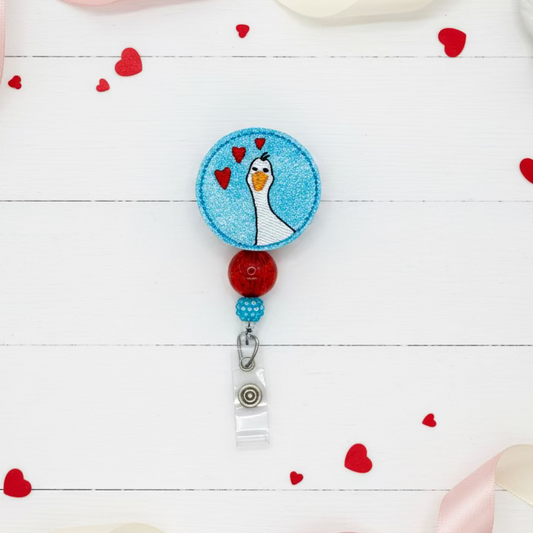 Heart Goose Blue Beaded Badge Reel