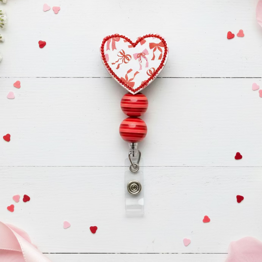 Heart with Bow Print Beaded Badge Reel