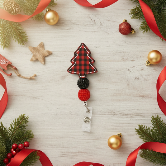 Red and black plaid Christmas tree badge holder on a festive background with ornaments and ribbons.