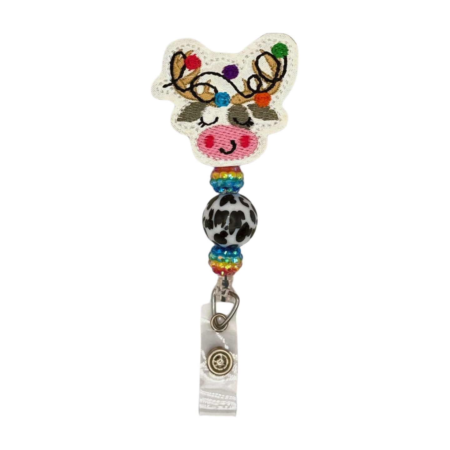 Cow Reindeer with Lights Beaded Badge Reel