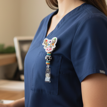 Cow Reindeer with Lights Beaded Badge Reel