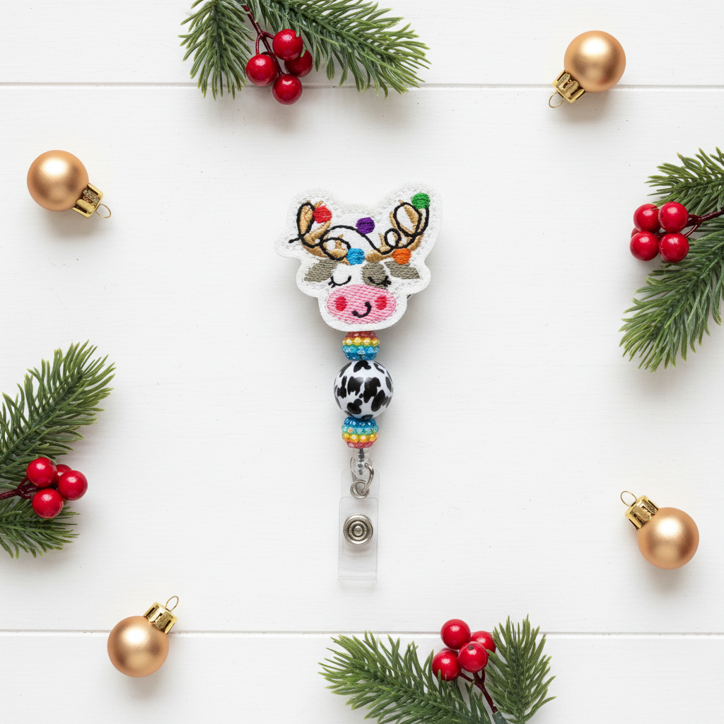 Colorful reindeer-themed keychain with beads on a white background