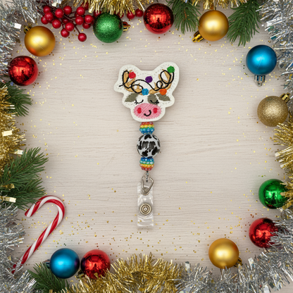 Cow Reindeer with Lights Beaded Badge Reel