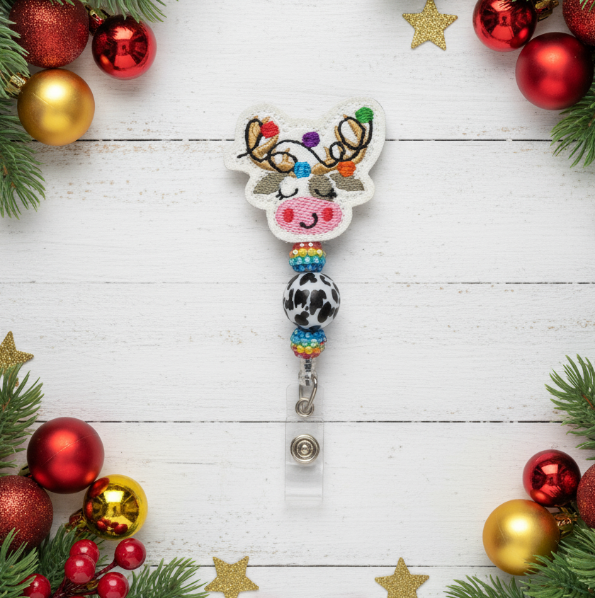 Cow Reindeer with Lights Beaded Badge Reel