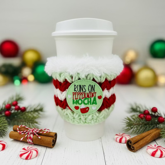 Runs on Peppermint Mocha Coffee Cozy | Holiday Drink Sleeve