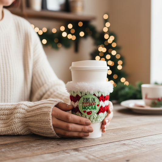 Runs on Peppermint Mocha Coffee Cozy | Holiday Drink Sleeve