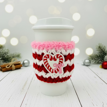 Candy Cane Heart Coffee Cozy | Holiday Drink Sleeve