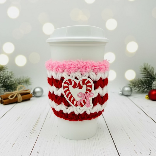 Candy Cane Heart Coffee Cozy | Holiday Drink Sleeve