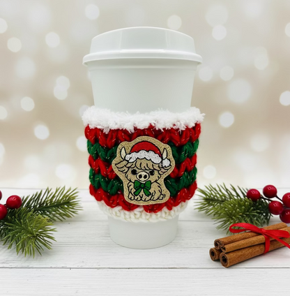Santa Highland Cow Coffee Cozy | Holiday Drink Sleeve