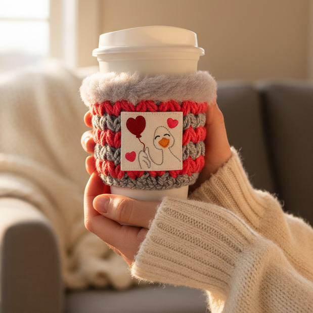 Goose with Heart Balloon Coffee Cozy