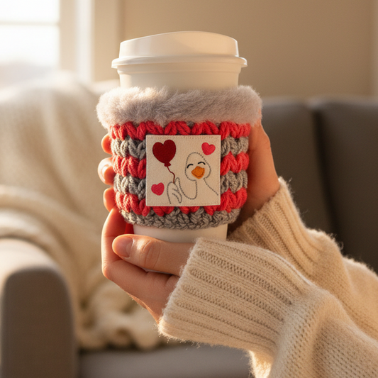 Goose with Heart Balloon Coffee Cozy
