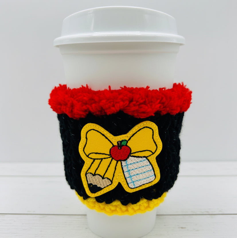Pencil and Notebook Bow Crocheted Coffee Cozy