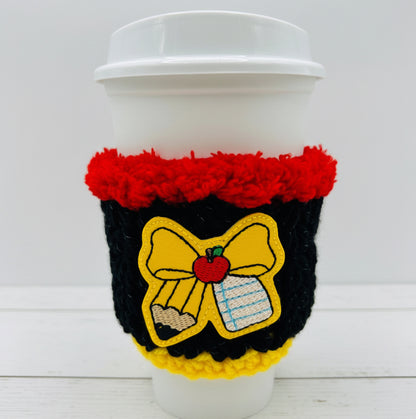 Pencil and Notebook Bow Crocheted Coffee Cozy