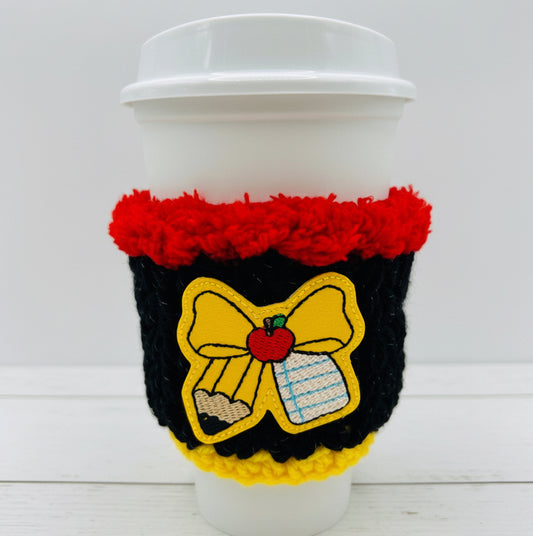 Pencil and Notebook Bow Crocheted Coffee Cozy