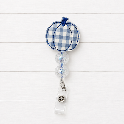 Blue Gingham Pumpkin Badge Reel, handmade retractable ID badge reel