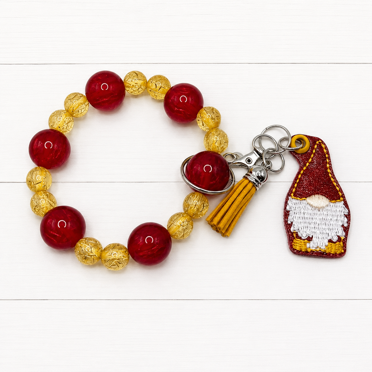Red and Gold Keychain with Beaded Wristlet