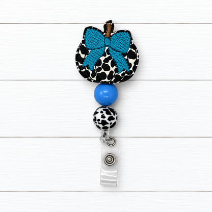 Cow Pumpkin with Bow Badge Reel, handmade retractable ID badge reel