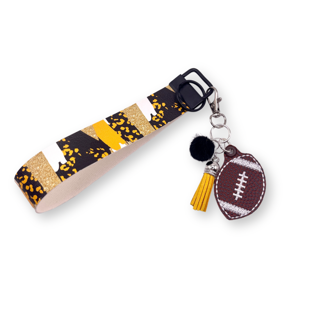 Black and Gold Football Keychain and Wristlet