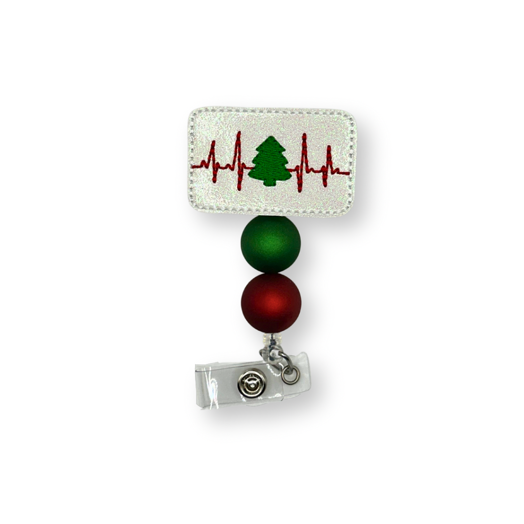 Christmas Tree EKG Beaded Badge Reel