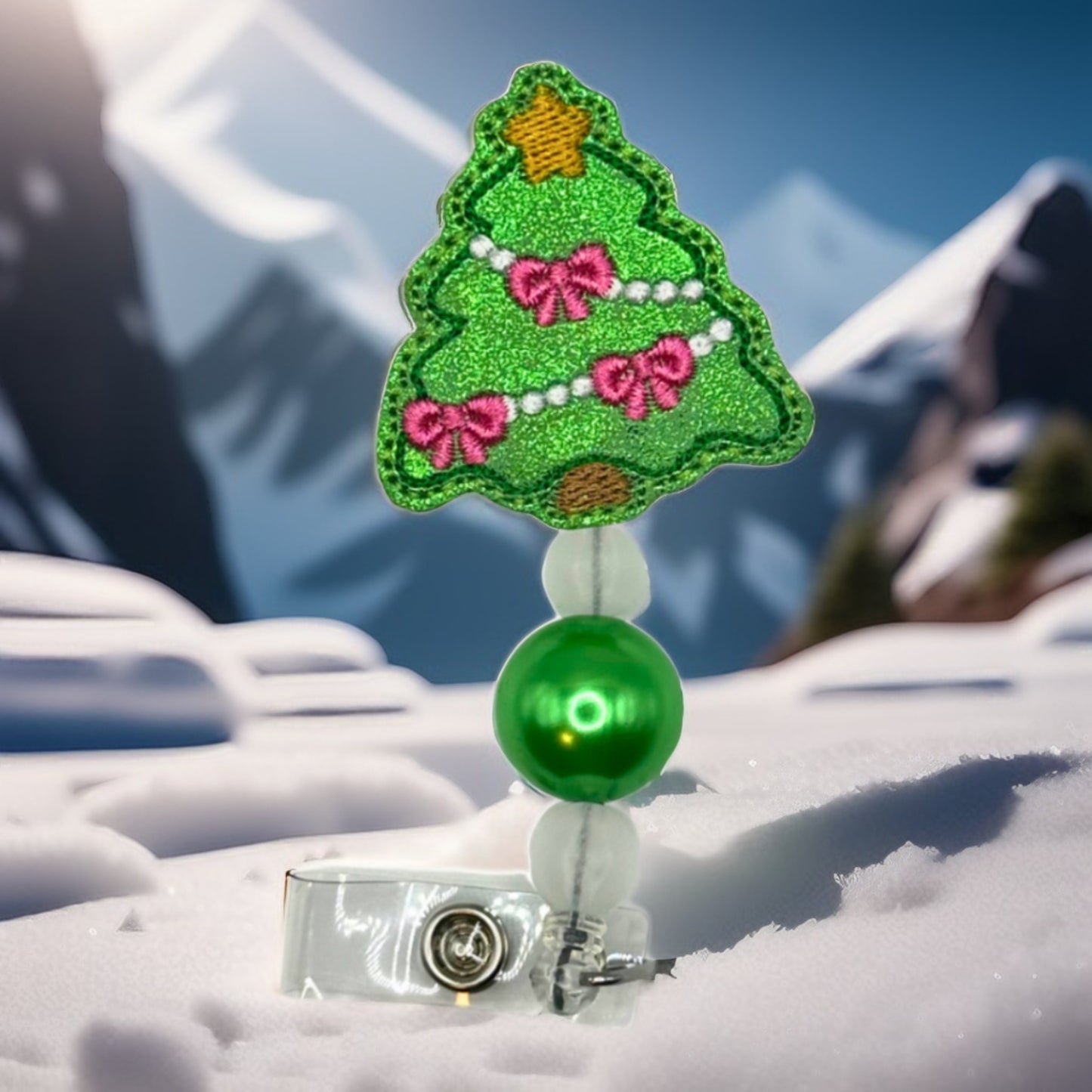 Christmas Tree with Pink Bows Badge Reel