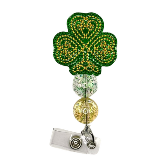 Gold Shamrock Beaded Badge Reel