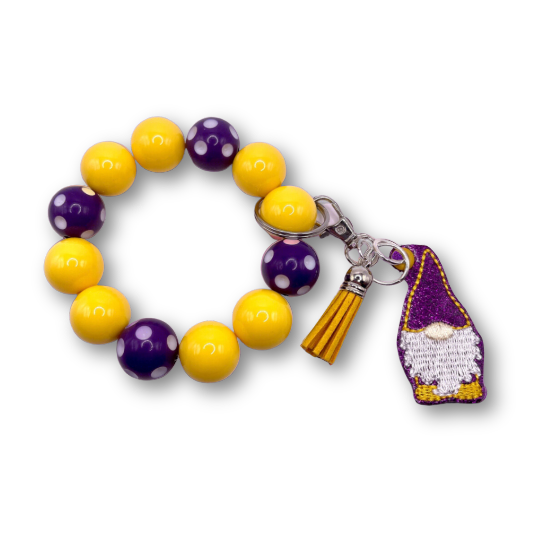 Purple and Gold Gnome Keychain with Beaded Wristlet