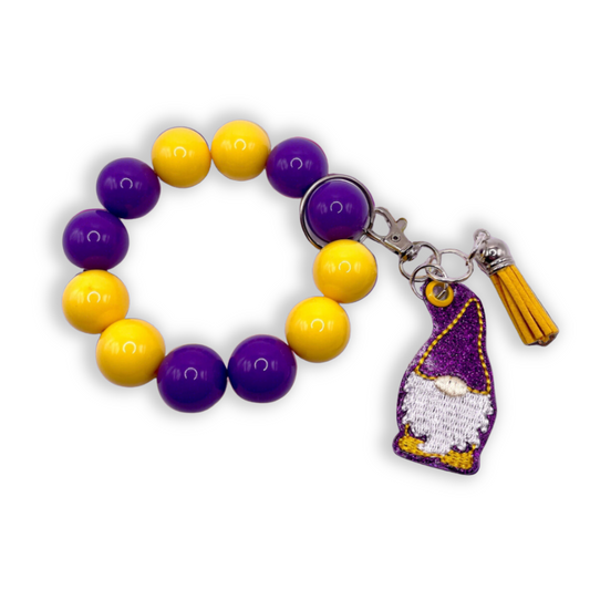 Purple and Gold Gnome Keychain with Beaded Wristlet