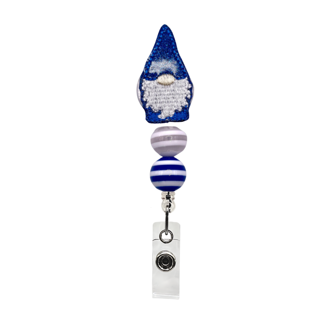 Blue and White Gnome Striped Beaded Badge Reel