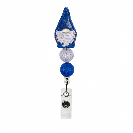 Blue and White Gnome Beaded Badge Reel