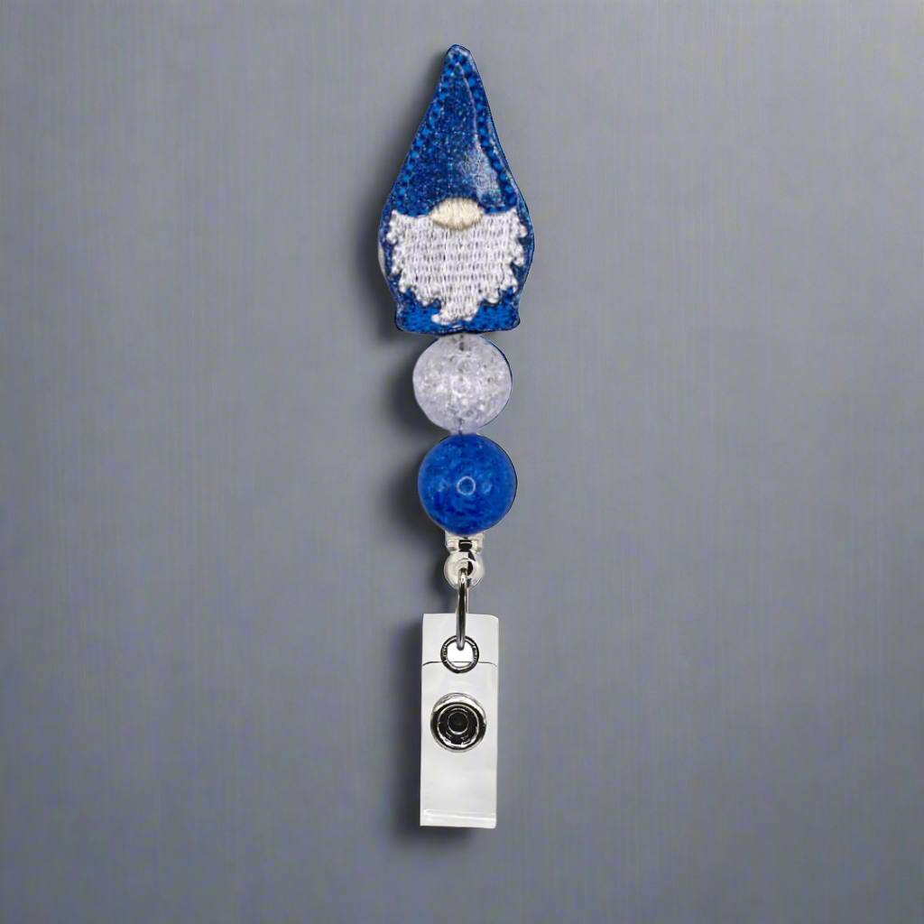 Blue and White Gnome Beaded Badge Reel